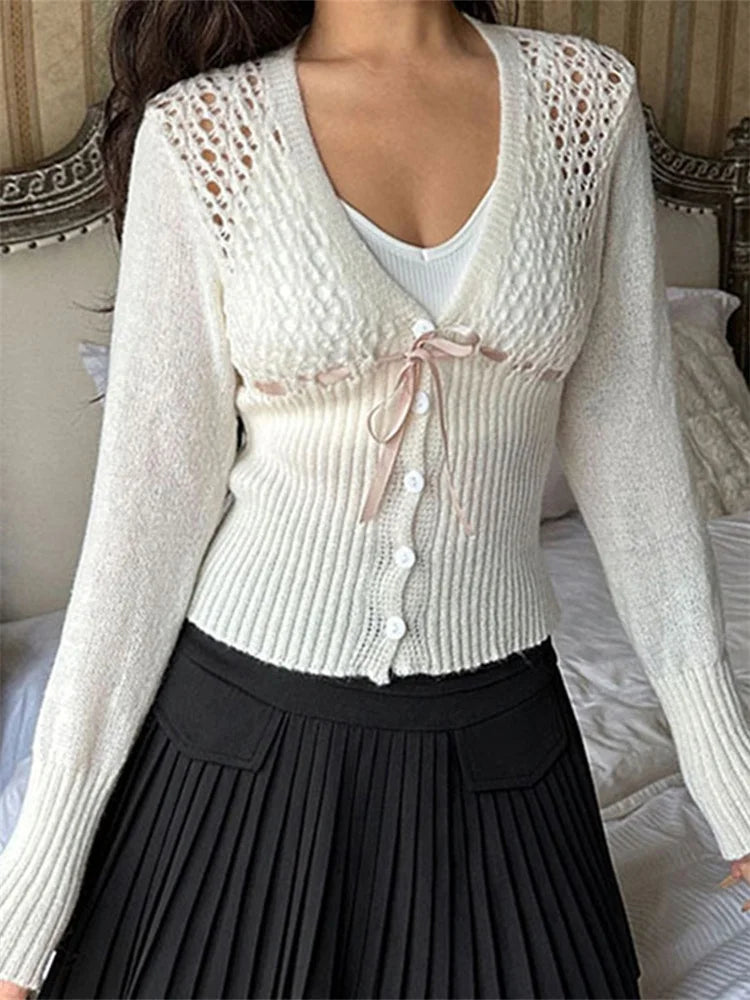 JuliaFashion - Spring Slim Knitted Cardigan Front Tie-up Bow V-Neck Long Sleeve Hollow Out Knitwear Sweater