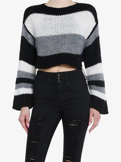 JuliaFashion - Striped Grunge Loose Fit Round Neck Long Sleeve Knitted Crochet Pullovers Sweater