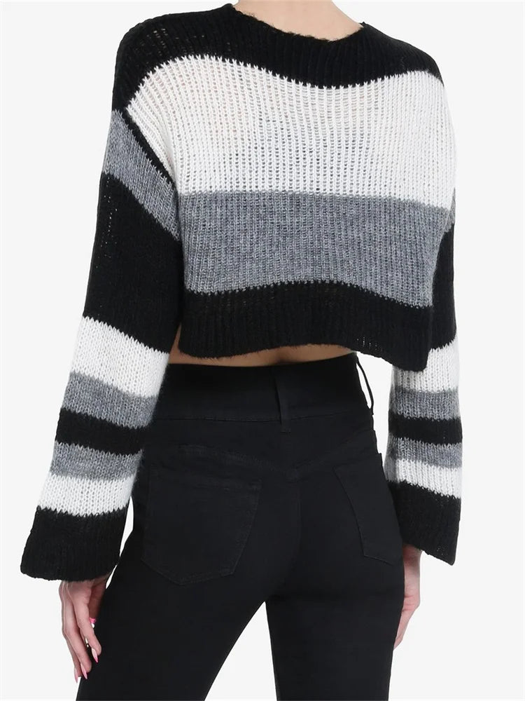 JuliaFashion - Striped Grunge Loose Fit Round Neck Long Sleeve Knitted Crochet Pullovers Sweater