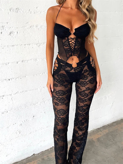 JuliaFashion - Summer Floral Halter Lace Pants Suits