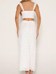 Embroidered Flower Sleeveless Crop Top High Waist Long Skirt skirt-250126