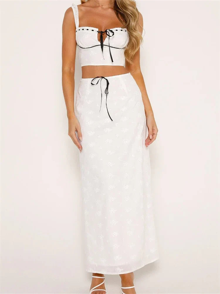 Embroidered Flower Sleeveless Crop Top High Waist Long Skirt skirt-250126