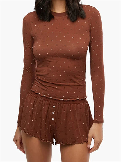 JuliaFashion - Summer Dot Print Long Sleeve O-neck Tops Shorts Loungewear Suits