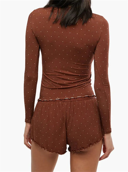 JuliaFashion - Summer Dot Print Long Sleeve O-neck Tops Shorts Loungewear Suits