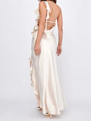 Women Summer Evening Sleeveless Strap Backless Off Shoulder High Split Ruffles Party Female Vestidos