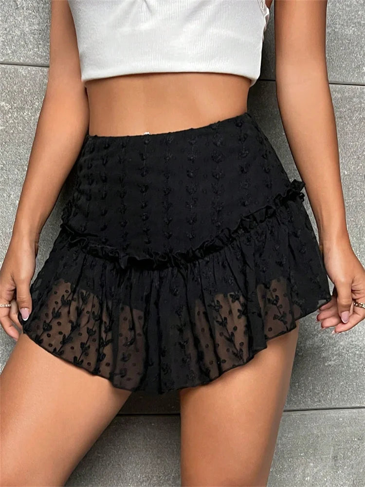 JuliaFashion - Summer Irregular Hem Short Mini Embroidery Lace High Waist Ruffles A-Line Party Streetwear Skirts