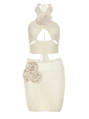 JuliaFashion - Solid Color 3D Flower Halter Tie-Up Sleeveless Tank Tops Mini Skirts Suits