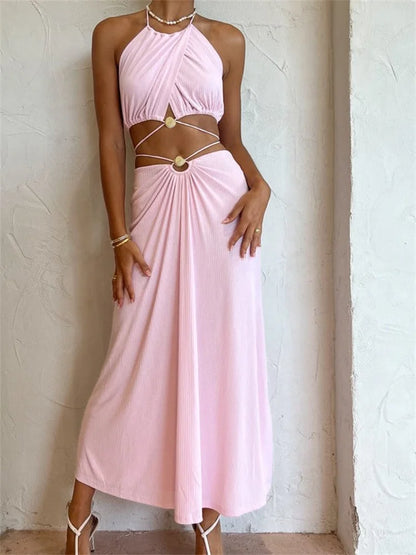 JuliaFashion - Solid Color Halter Backless Tank Crop Tops Long Skirts Suits