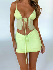 JuliaFashion - Solid Color Tie-Up Sleeveless Mesh Camis Tank Tops Suits