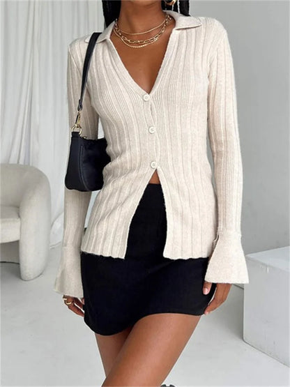 JuliaFashion - V-Neck Cardigans Solid Color Long Flare Sleeve Button-Down Turn-Down Neck Fall Casual Knitted Sweater