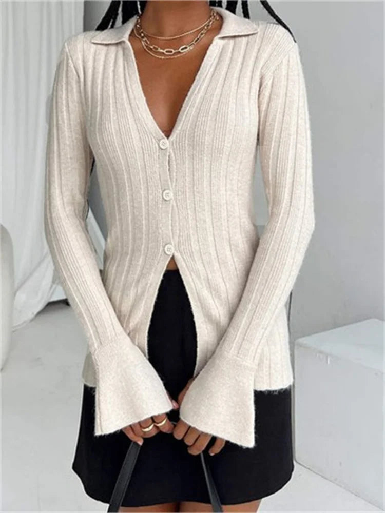 JuliaFashion - V-Neck Cardigans Solid Color Long Flare Sleeve Button-Down Turn-Down Neck Fall Casual Knitted Sweater