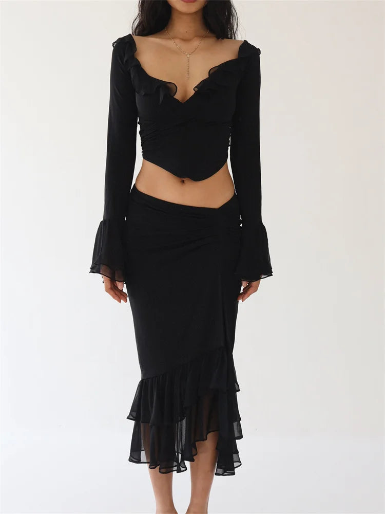 JuliaFashion - Y2K Ruffles Off Shoulder Sheer Mesh Shirts Irregular Hem Split Skirts Suits