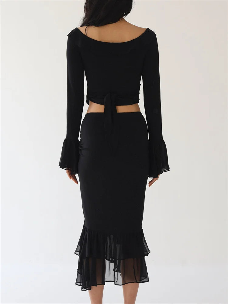 JuliaFashion - Y2K Ruffles Off Shoulder Sheer Mesh Shirts Irregular Hem Split Skirts Suits