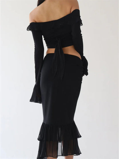 JuliaFashion - Y2K Ruffles Off Shoulder Sheer Mesh Shirts Irregular Hem Split Skirts Suits