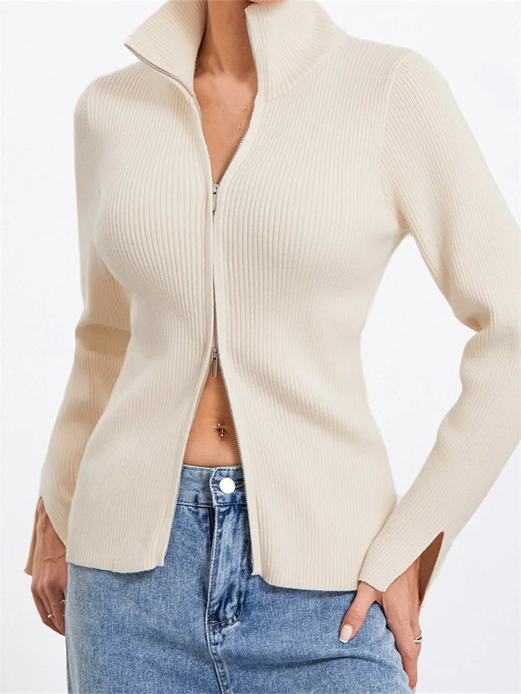 JuliaFashion - Zip Up Solid Color Stand Collar Long Sleeve Ribbed Knitted Fall Slim Fit Casual Pullovers Sweater