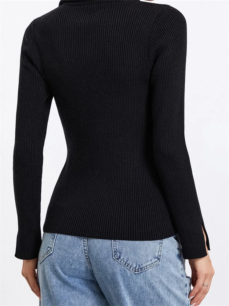 JuliaFashion - Zip Up Solid Color Stand Collar Long Sleeve Ribbed Knitted Fall Slim Fit Casual Pullovers Sweater