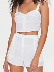 JuliaFashion - Casual Wide Leg Pajama Lace Trim Buttons Tank Tops Suits