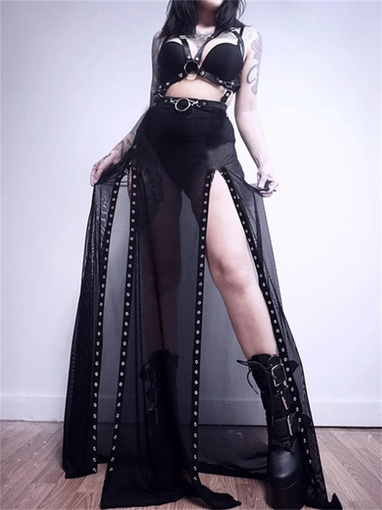 JuliaFashion - Y2K Gothic Blac Long Maxi Streetwear High Waist Mesh See Through Party Clubwear Button Skirts