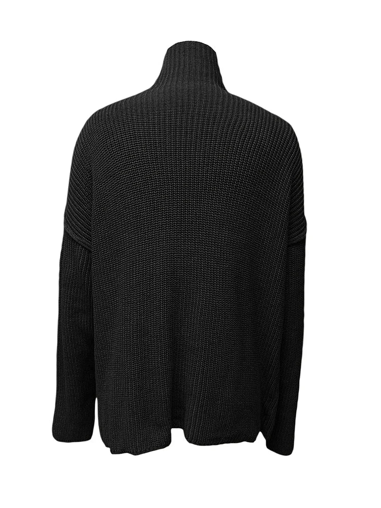 JuliaFashion - Y2K Spring Autumn Hollow Out Knitwear Mesh Patchwork Long Sleeve High Neck Ribbed Knitted Pullovers Sweater