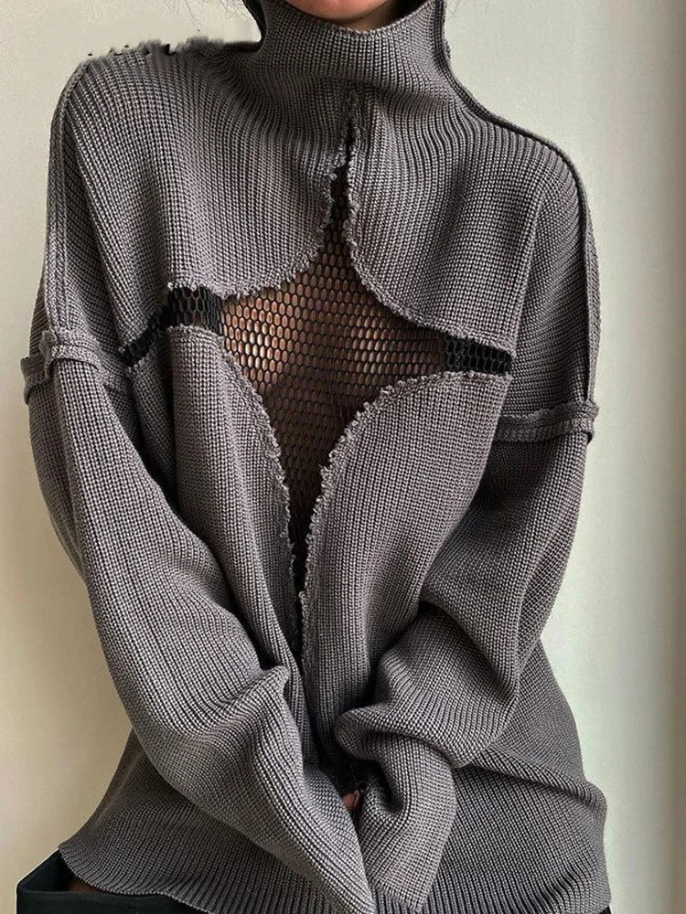 JuliaFashion - Y2K Spring Autumn Hollow Out Knitwear Mesh Patchwork Long Sleeve High Neck Ribbed Knitted Pullovers Sweater