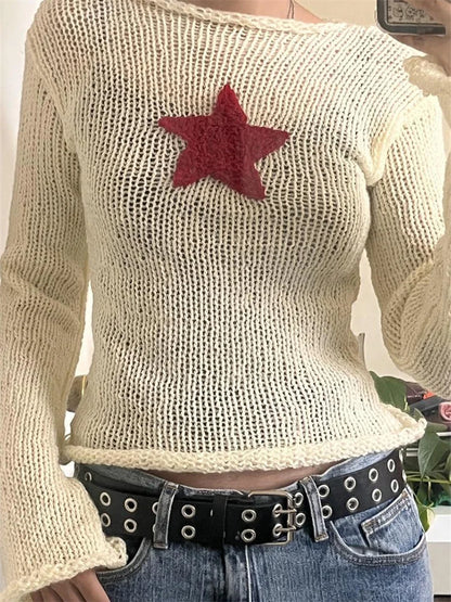 JuliaFashion - y2k Star Pattern Long Sleeve Knitted Spring Autumn Slim Fit Pullovers Sweater