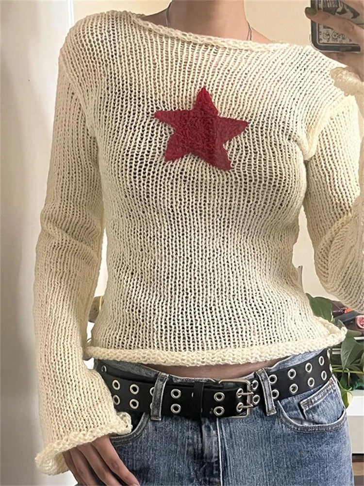 JuliaFashion - y2k Star Pattern Long Sleeve Knitted Spring Autumn Slim Fit Pullovers Sweater