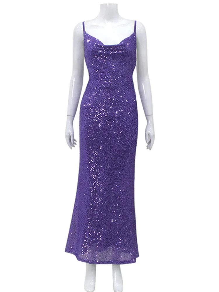 Shining Sequins Backless Sexy Club Women Dresses Spaghetti Strap Christmas Party Dress Dresses-L
