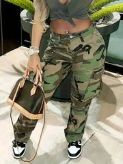 Camo Print Side Flap Pocket Cargo Loose Fit Stretchy Y2K Kpop Denim Women’s & Clothing Jean