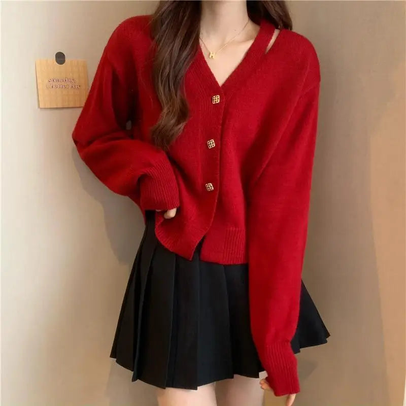 New V-Neck Button Red Knit Tops Stylish Knitwear Christmas Sweater Red / M Sweaters-L
