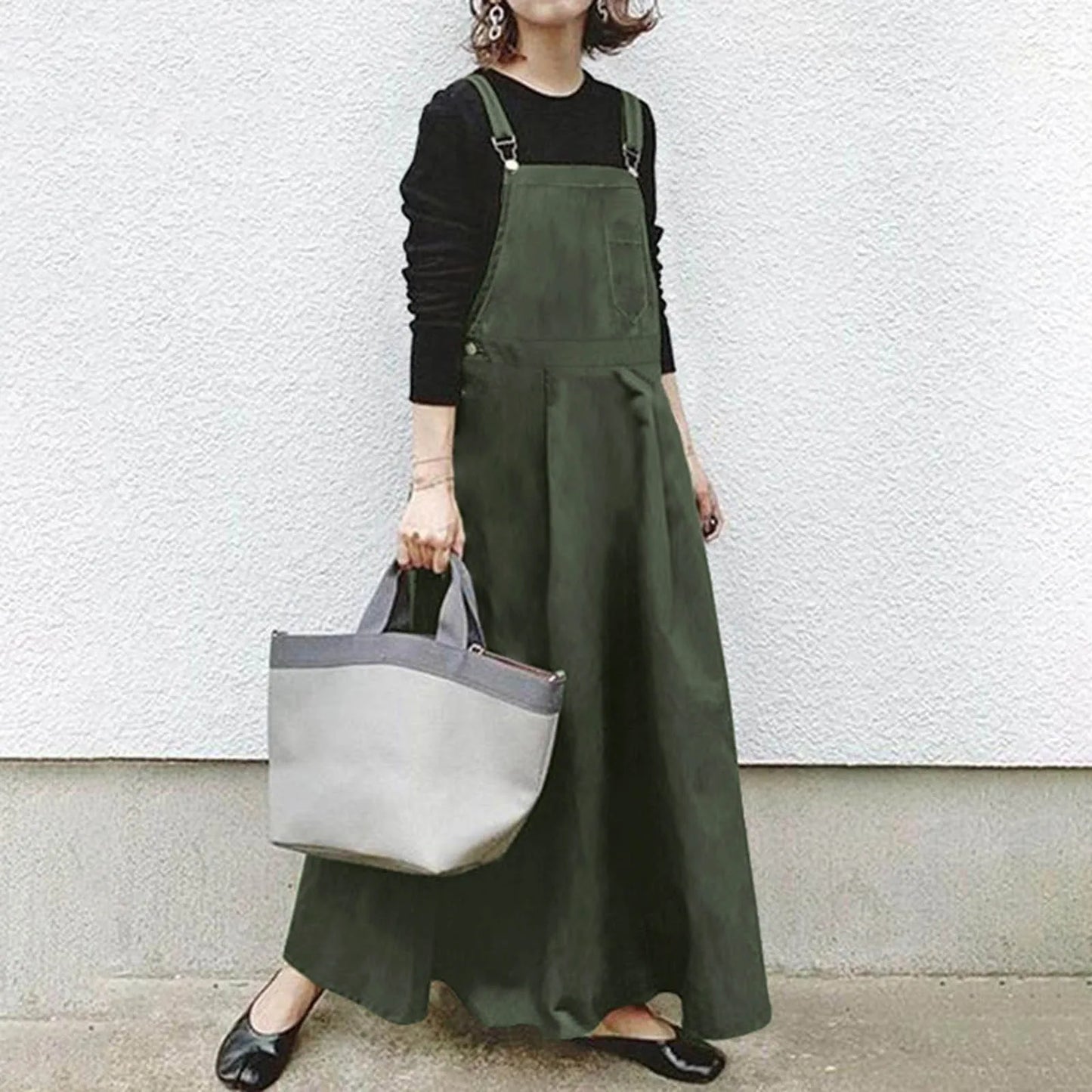 JuliaFashion - Casual Big Swing Loose Long Solid Fashion Pocket Suspender Large Size Sleeveless Pockets Strap Dress