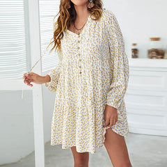 JuliaFashion - Casual 2024 New Women's Summer V Neck Long Sleeve Single Breasted Vintage Oversize Loose Mini Spring Summer Vestidos Dress