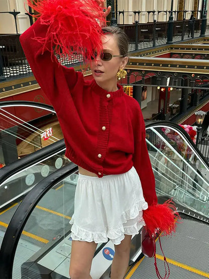 Spliced Feather Long Sleeved Knitted Cardigan Christmas Sweater Red / S Sweaters-L