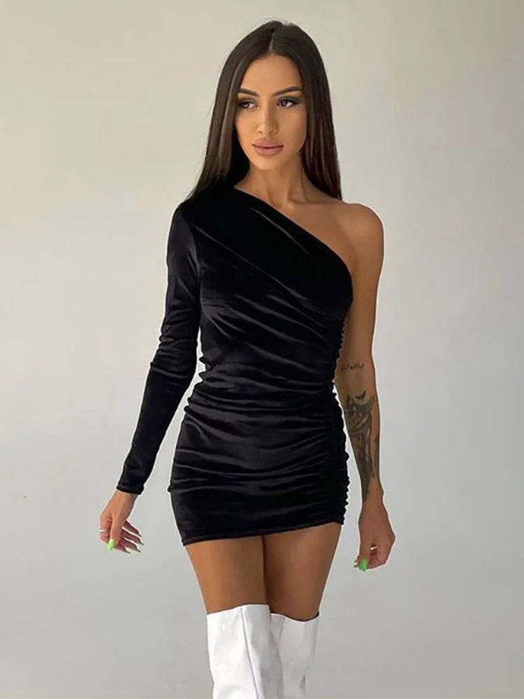 Julia Fashion - Casual One Shoulder Velvet Tight Ruched Party Slim Mini Dress