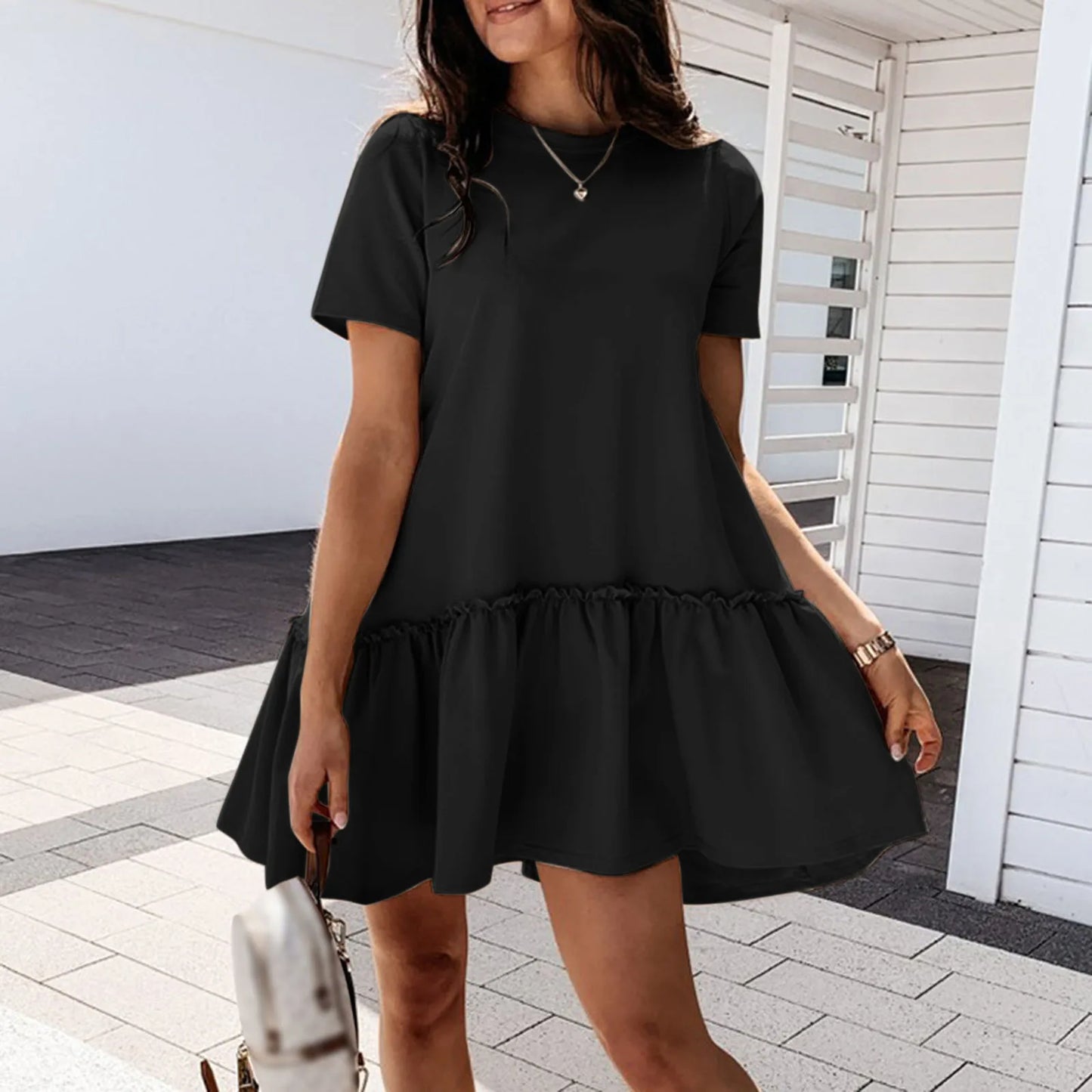 JuliaFashion - Casual Short Sleeve Mini Women Temperament Solid Color Loose Round Neck Ruffle 2024 Summer Big Hem Party Dress