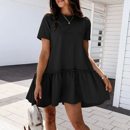 JuliaFashion - Casual Short Sleeve Mini Women Temperament Solid Color Loose Round Neck Ruffle 2024 Summer Big Hem Party Dress