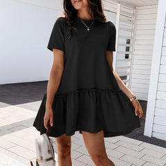 JuliaFashion - Casual Short Sleeve Mini Women Temperament Solid Color Loose Round Neck Ruffle 2024 Summer Big Hem Party Dress