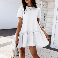 JuliaFashion - Casual Short Sleeve Mini Women Temperament Solid Color Loose Round Neck Ruffle 2024 Summer Big Hem Party Dress