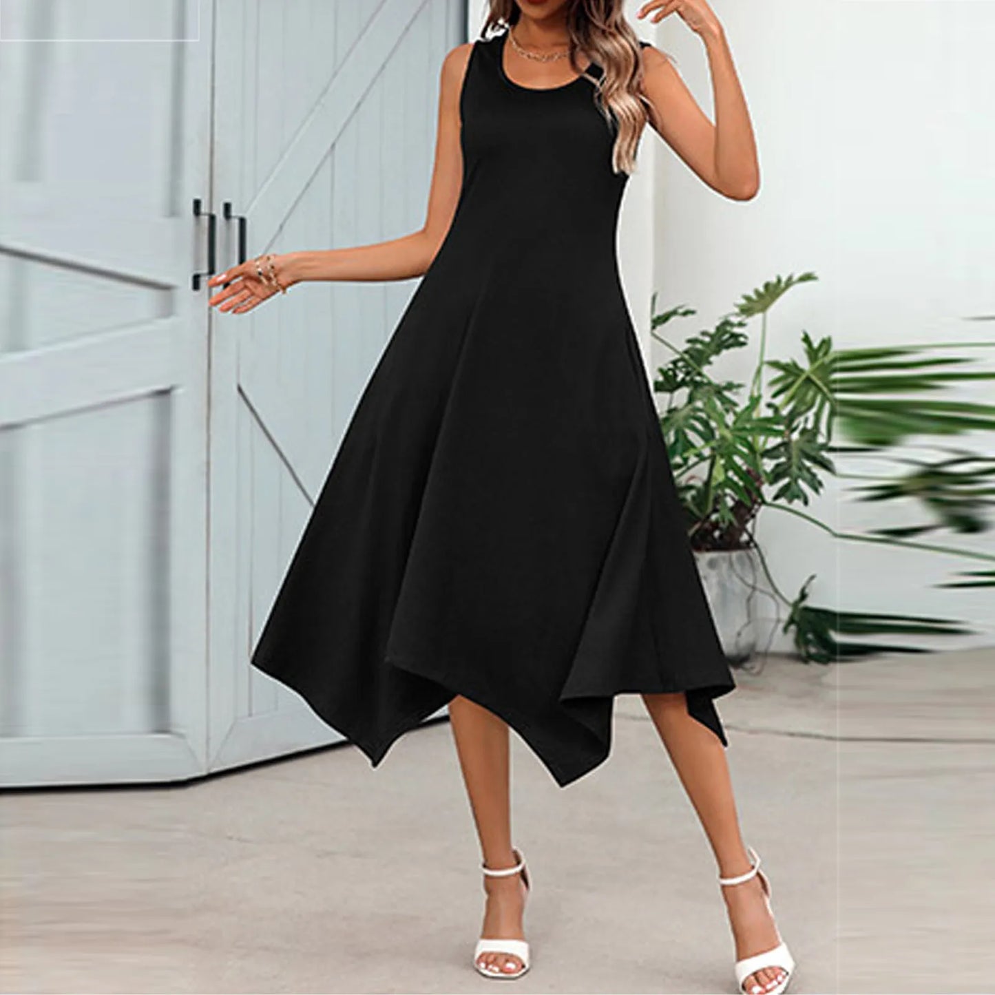 JuliaFashion - Casual Tunic Holiday Beach Round Neck Sleeveless Summer SunSolid Color Hankerchief Hem Midi Dress