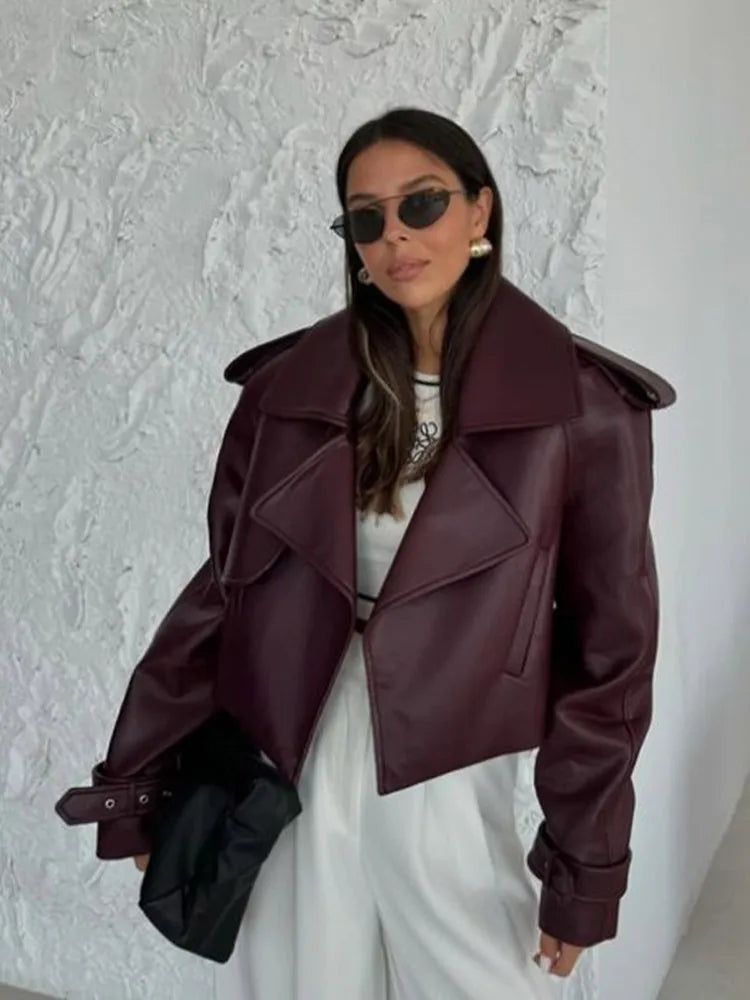 Solid Lapel Leather Cropped Coat Style B / S Coats-241208