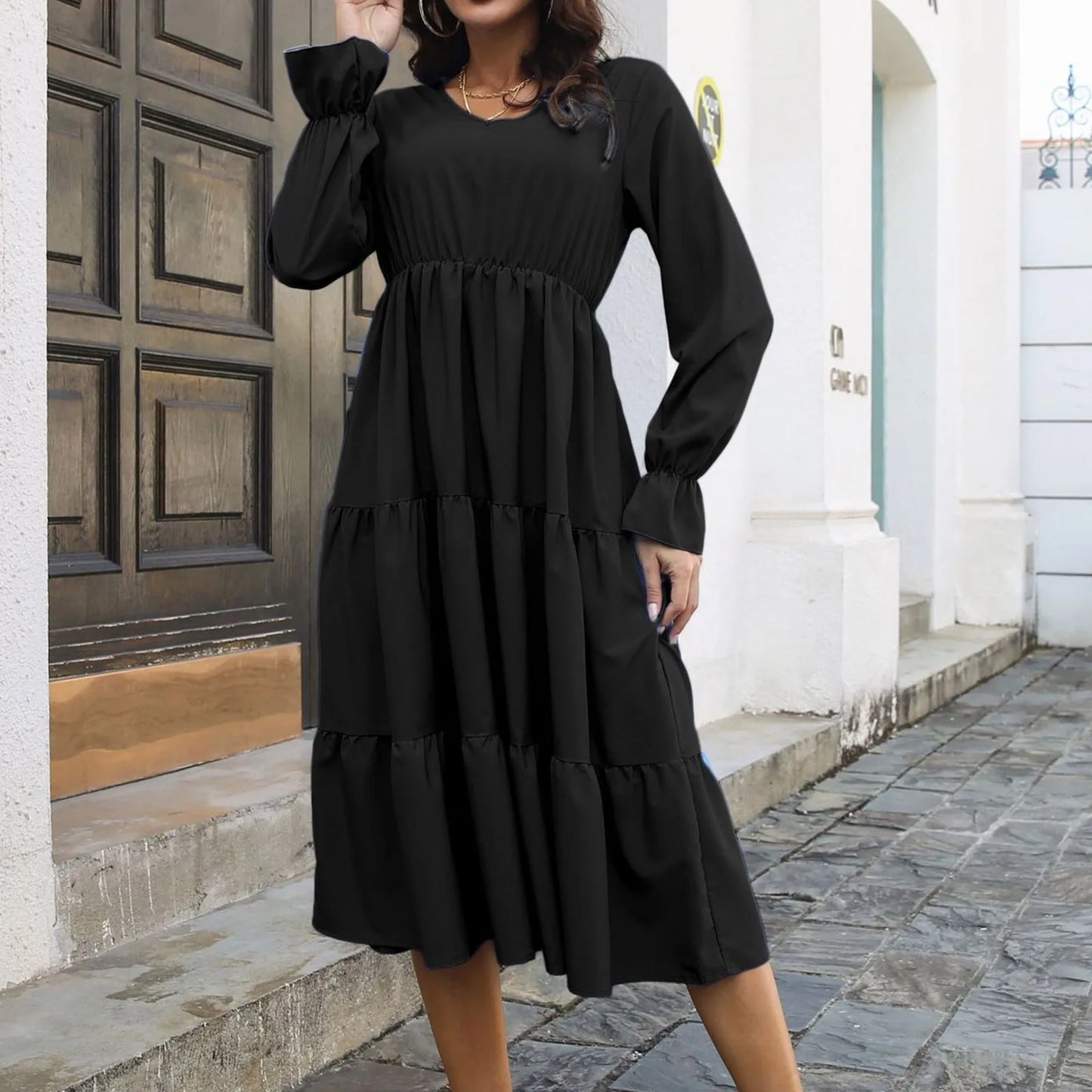 JuliaFashion - Chiffon V-Neck Women Long Sleeve A-Line High Waist Beach Holiday Layered Swing Flare Sleeves Spring Autumn Dress