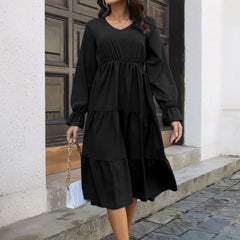 JuliaFashion - Chiffon V-Neck Women Long Sleeve A-Line High Waist Beach Holiday Layered Swing Flare Sleeves Spring Autumn Dress