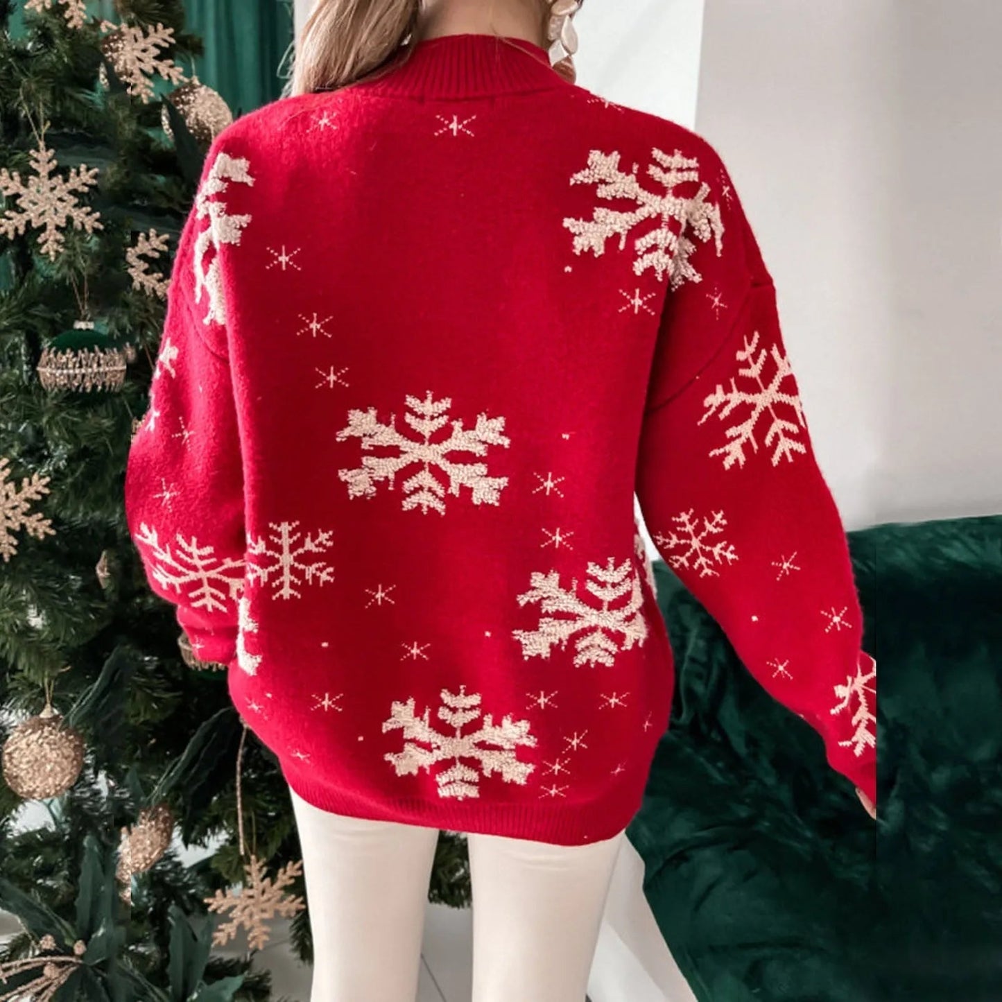 Snowflake Print Oversized Christmas Sweater Sweaters-L