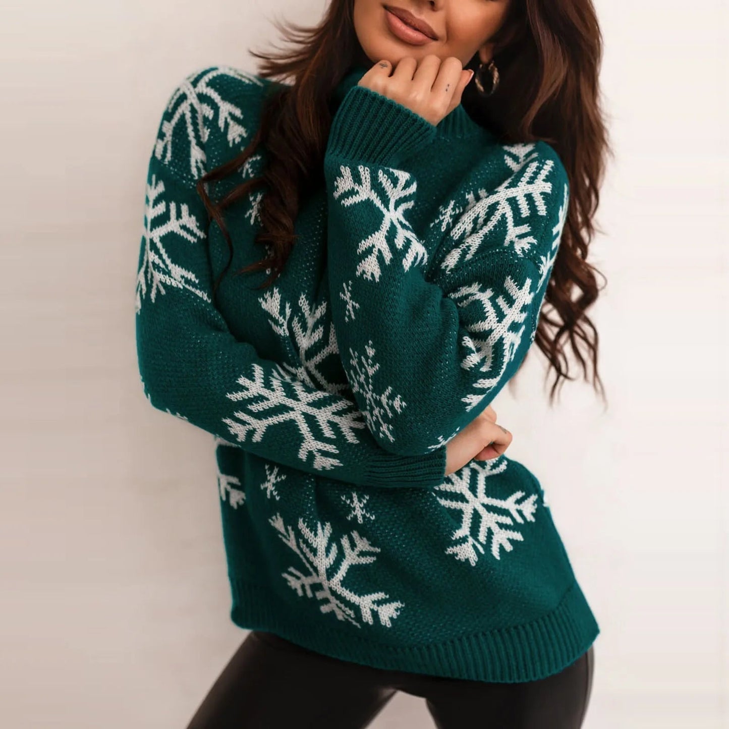 Snowflake Print Oversized Christmas Sweater Green / S Sweaters-L
