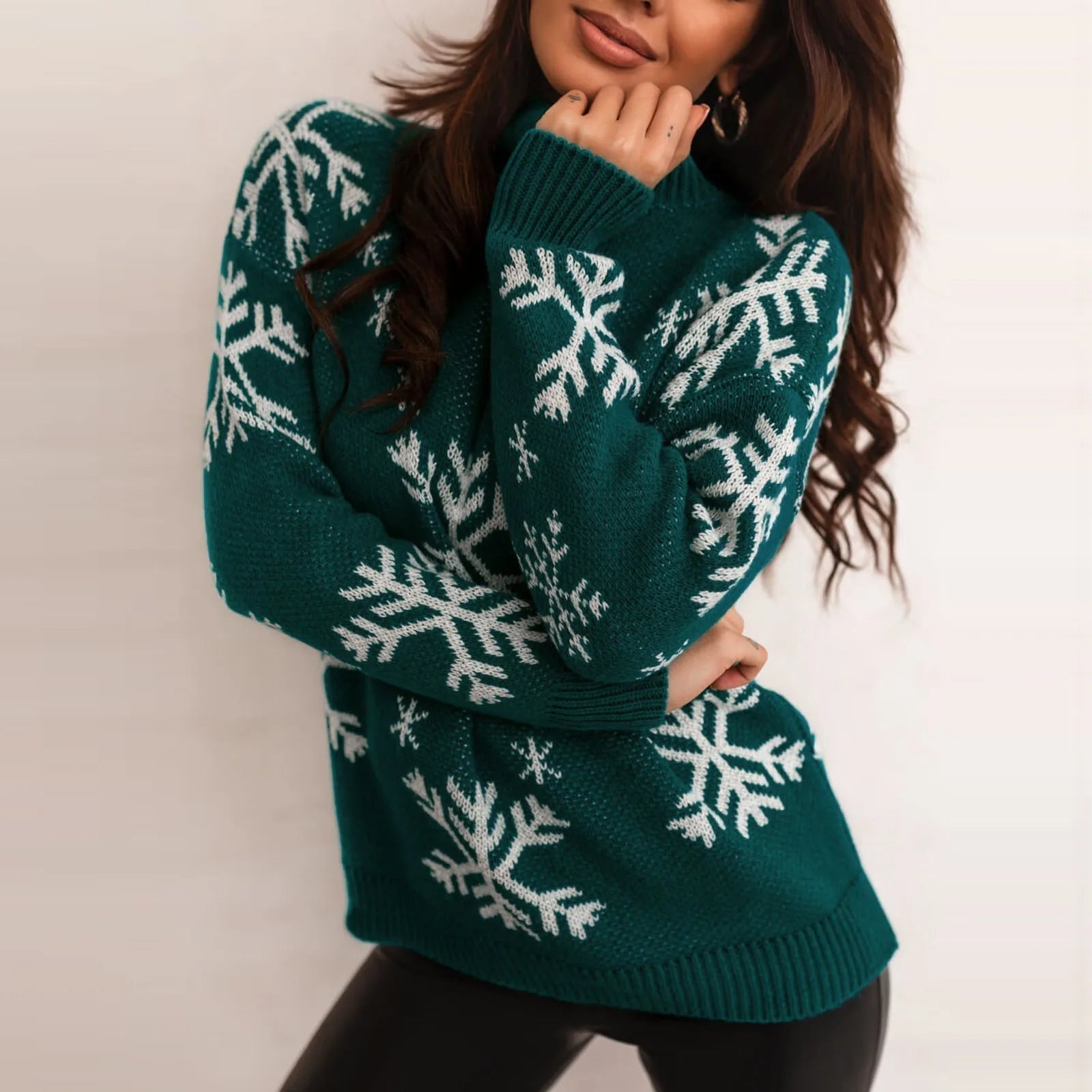 Snowflake Print Oversized Christmas Sweater Green / S Sweaters-L