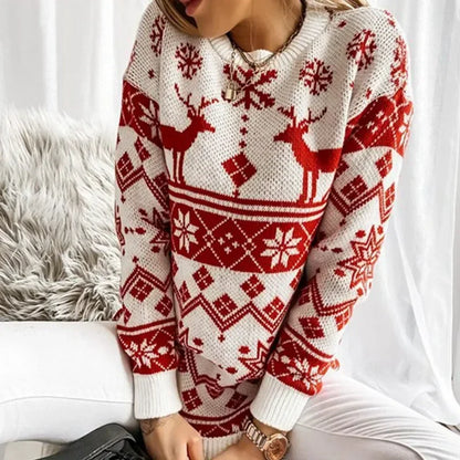 Deer Print Casual Loose Long Sleeve O Neck Warm Jacquard Knitwear Christmas Sweater Sweaters-L