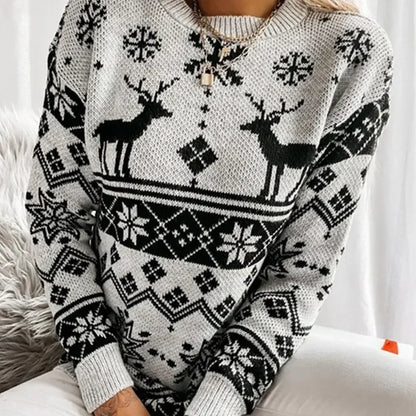 Deer Print Casual Loose Long Sleeve O Neck Warm Jacquard Knitwear Christmas Sweater Sweaters-L