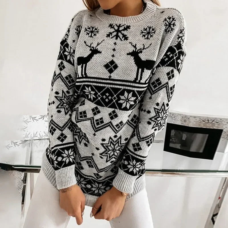 Deer Print Casual Loose Long Sleeve O Neck Warm Jacquard Knitwear Christmas Sweater Sweaters-L