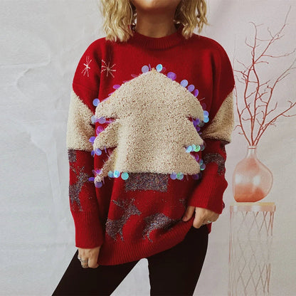 Sequins Christmas Tree Deer Jacquard Crew Neck Sweater Red / S Sweaters-L