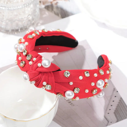 Festive Red Winter Wide Knotted Christmas Hair Accessory With Imitation Pearls Red Accessories-L