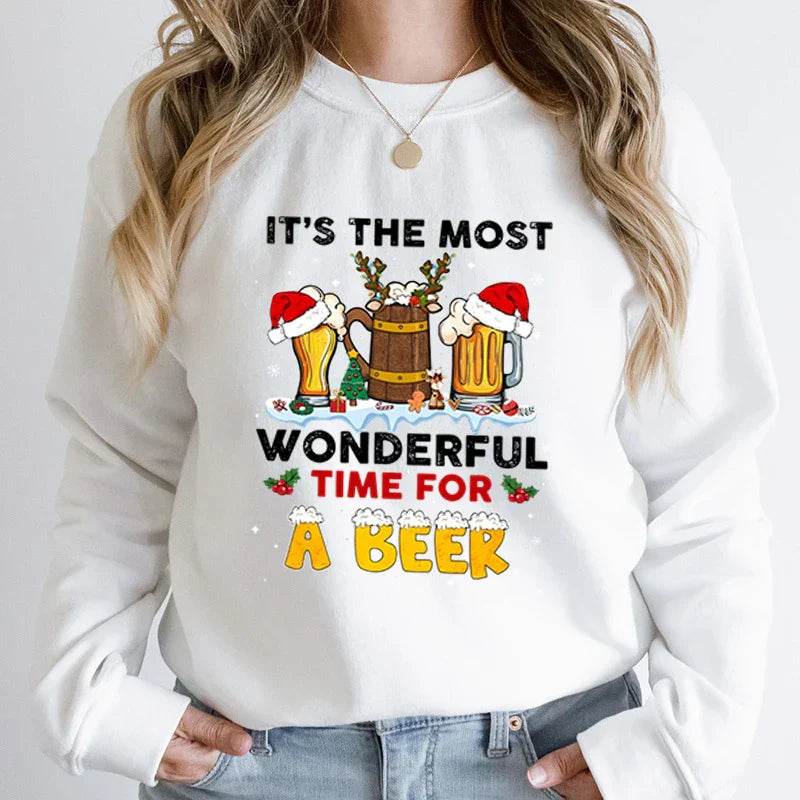 Wonderful Time Beer Autumn Winter Casual Hoodless Pullover Christmas Hoodie White / S Hoodies-L